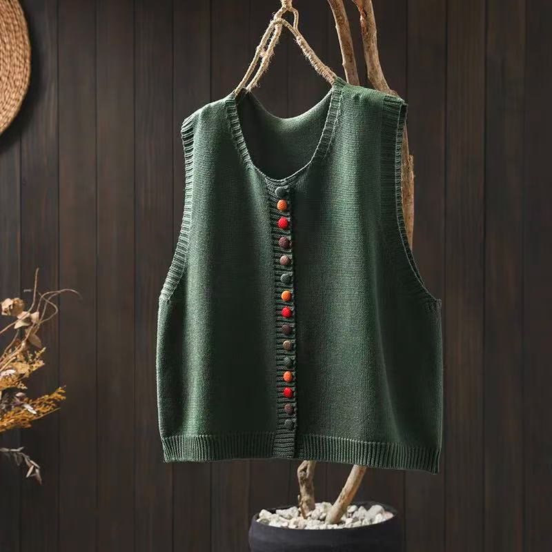 Buddha Stones Colorful Buttons Women's Sleeveless Cotton Knitted Vest Waistcoat