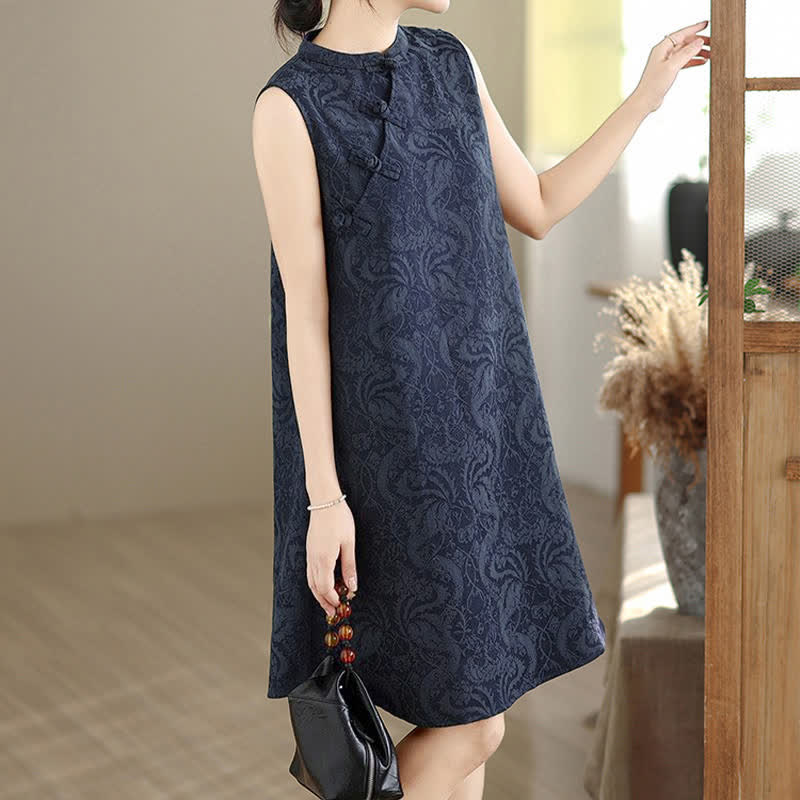 Buddha Stones Mandarin Collar Frog-button Jacquard Pattern Sleeveless Cotton Mini Dress With Pockets