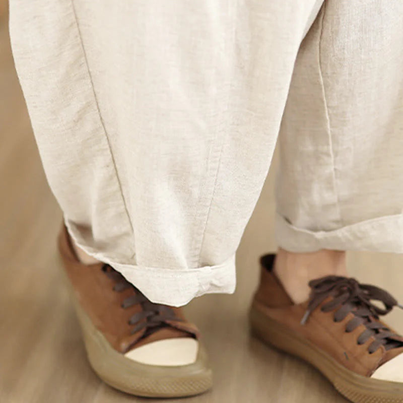 Buddha Stones Women's Fall Plain Color Drawstring Cotton Linen 7-8 Length Pants With Pockets