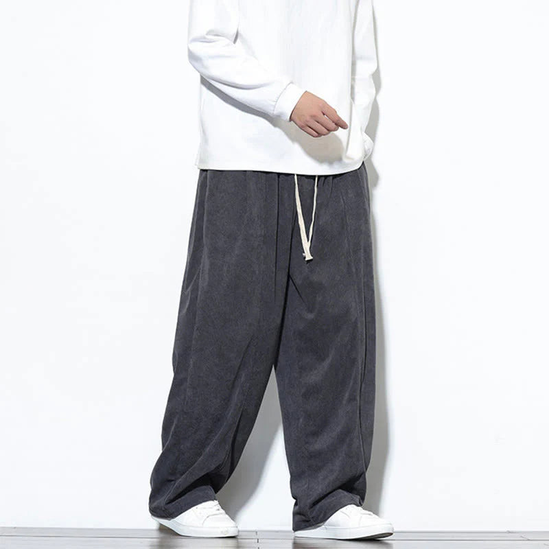 Buddha Stones Plain Drawstring Pure Cotton Corduroy Men's Harem Pants With Pockets