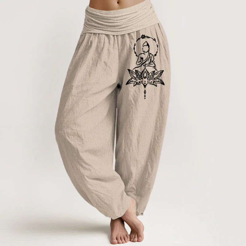 Buddha Stones Pure Cotton Concise Lotus Buddha Pattern Women's Elastic Waist Harem Pants
