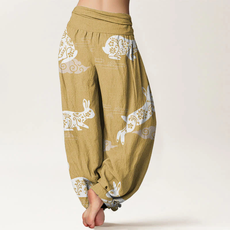 Buddha Stones Cotton White Rabbit Auspicious Cloud Pattern Women's Elastic Waist Harem Pants