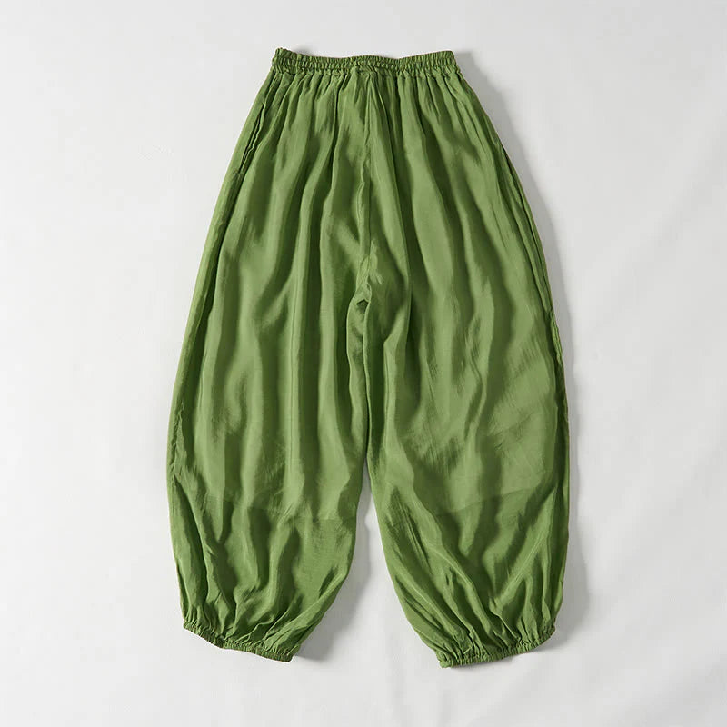 Buddha Stones Summer Green Ankle-Length Cotton Drawstring Women's Pants With Pockets