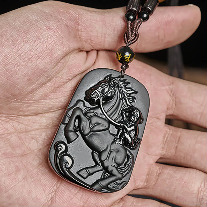 Buddha Stones Year of the Horse Monkey Design Black Obsidian Purification Necklace Pendant