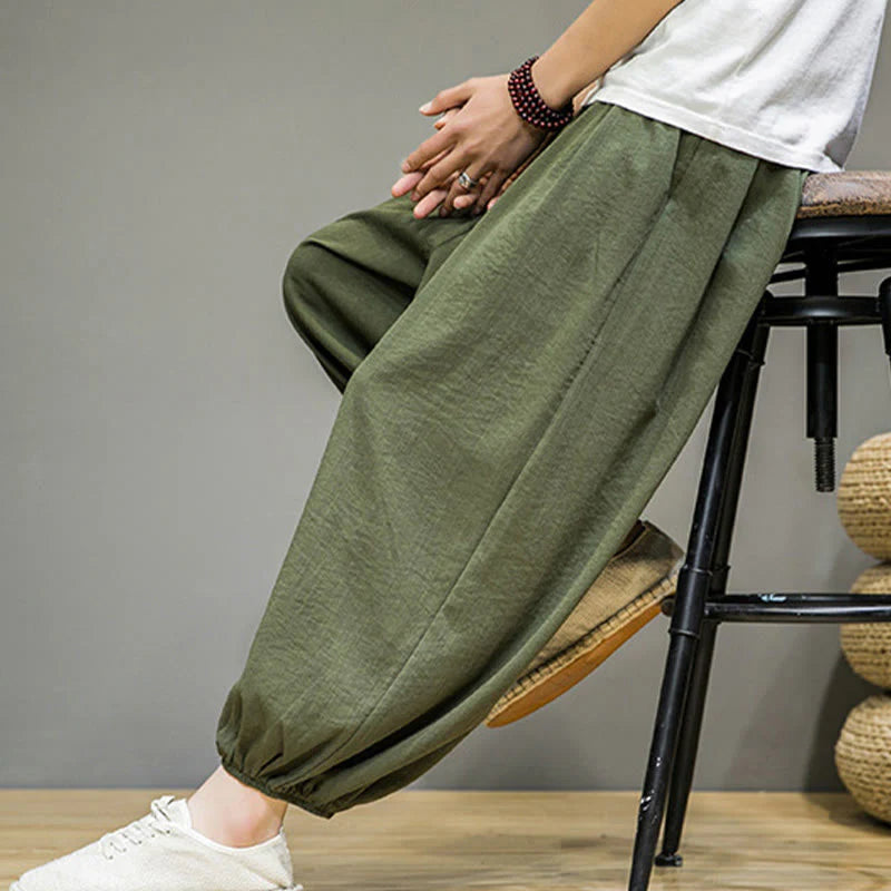 Buddha Stones Summer Plain Drawstring Men's Ankle-Length Cotton Harem Pants With Pockets