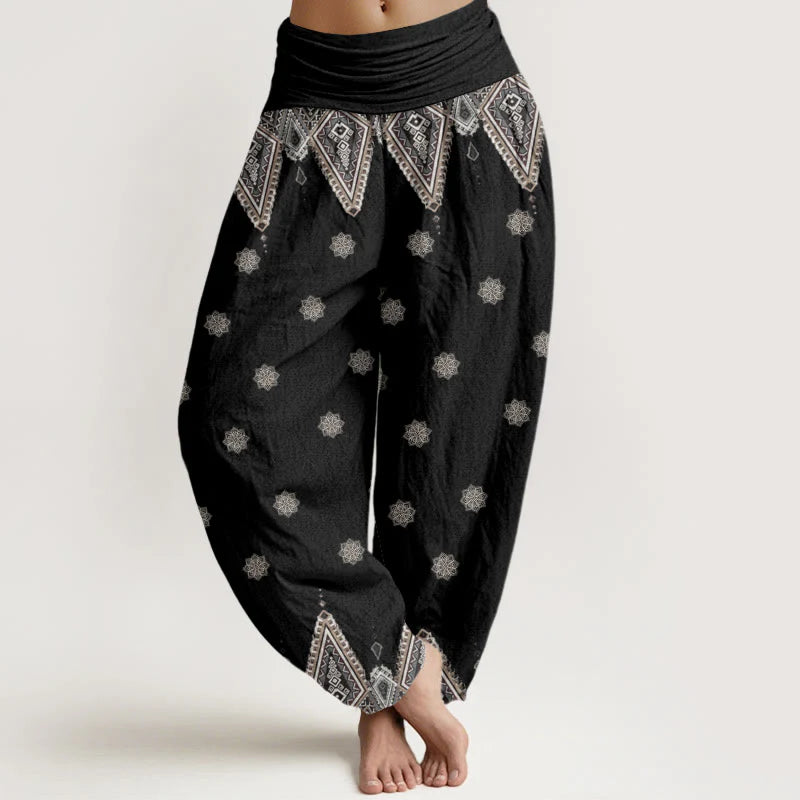 Buddha Stones Cotton Bohemian Geometric Floral Design Women's Elastic Waist Harem Pants