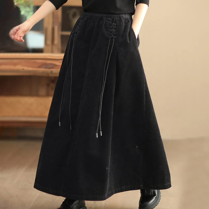 Buddha Stones Women's Plain Corduroy 7-8 Length Skirt With Pockets