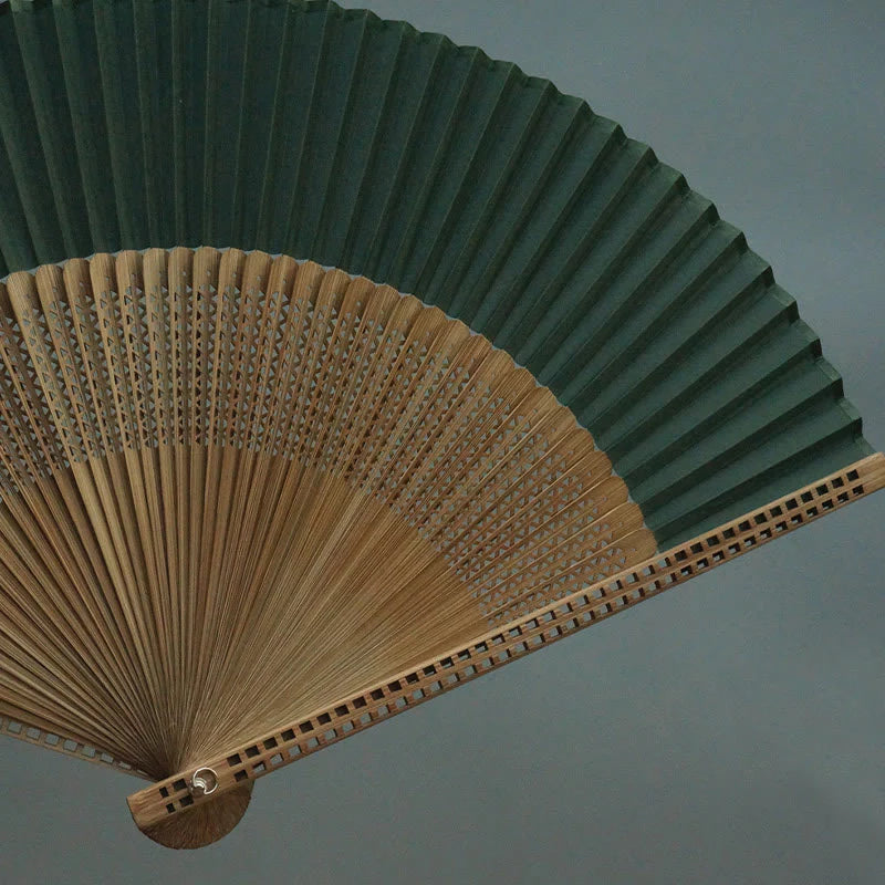 Buddha Stones Dark Green Tassel Hollow Rib Silk Handheld Bamboo Folding Fan
