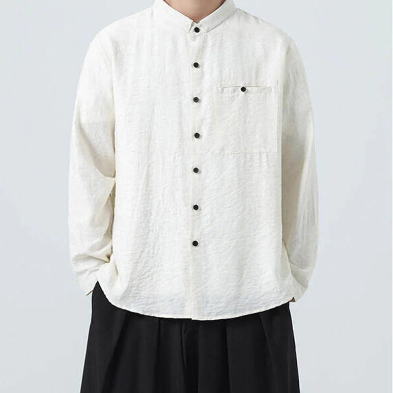 Buddha Stones Vintage Plain Buttons Down Stand Collar Long Sleeve Men's Cotton Shirt