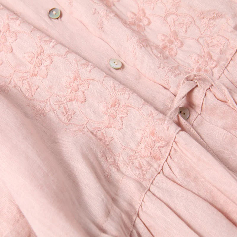 Buddha Stones Fall Embroidery Button Design Cotton Linen Long Sleeve Midi Dress With Pockets