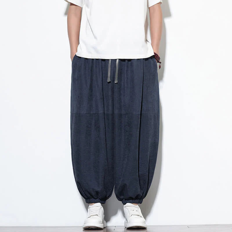 Buddha Stones Spring Solid Color Drawstring Cropped Men's Harem Cotton Pants With Pockets