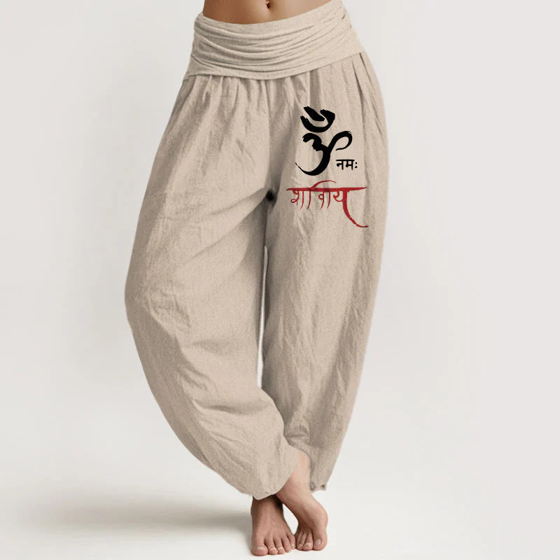 Buddha Stones Om Spells Pattern Women's Elastic Waist Harem Cotton Pants