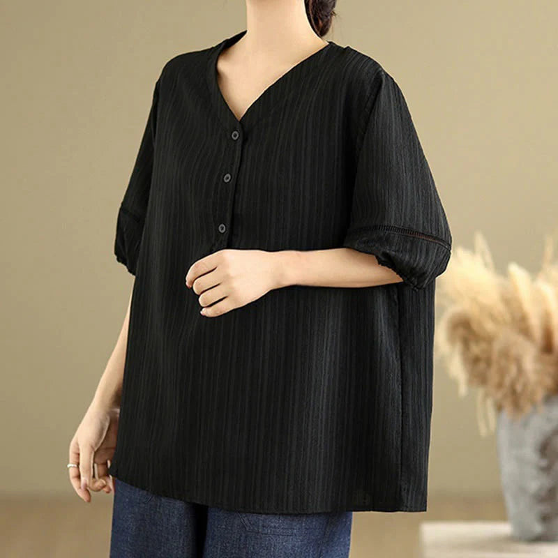 Buddha Stones Casual Plain Button V-Neck Women's Polyester Short Sleeve Shirt