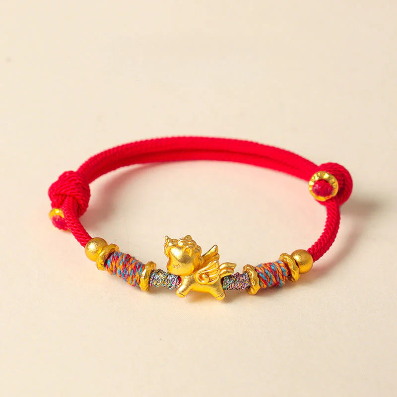 Buddha Stones Year of the Horse 999 Sterling Silver Plated Gold Braided String Rope Protection Bracelet