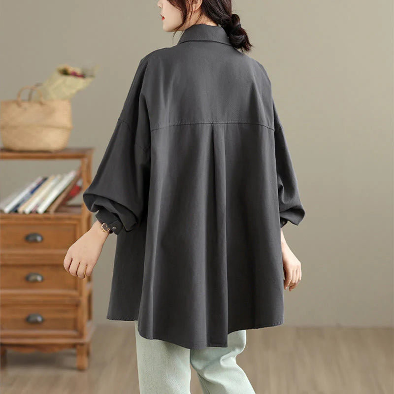 Buddha Stones Fall Pure Color Lapel Button Simple Design Women's Cotton Long Sleeve Jacket