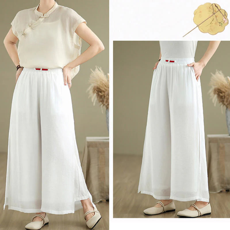 Buddha Stones Casual Vintage Side Slit Hem Design Cotton Linen Women's Wide Leg Pants With Pockets