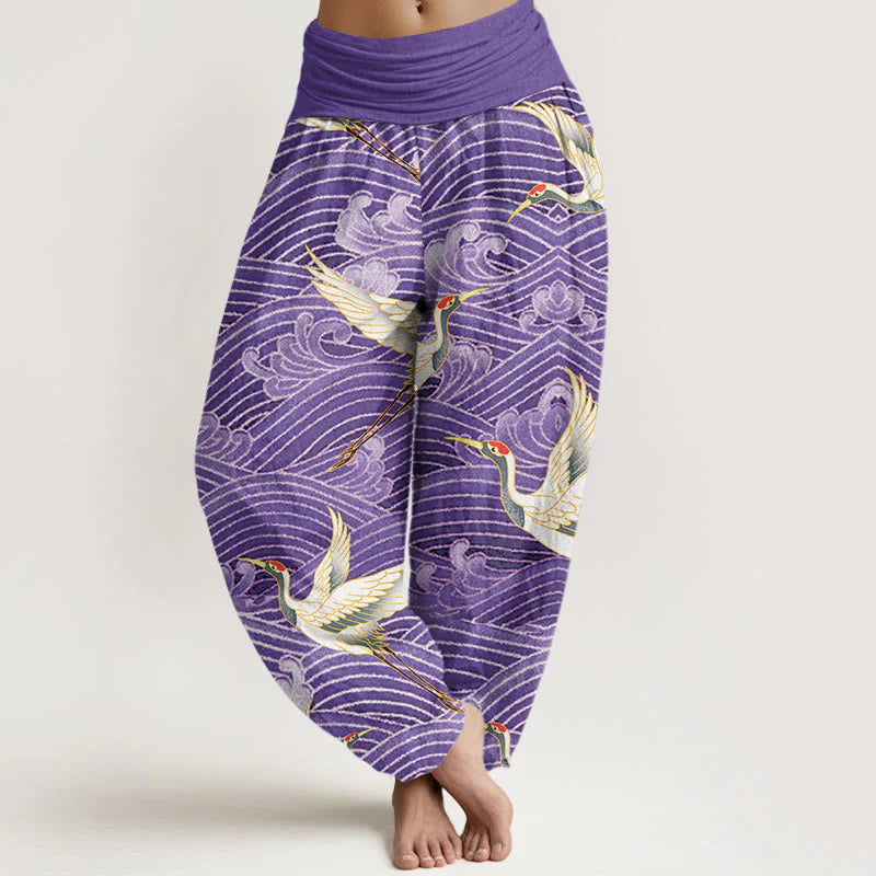 Buddha Stones Cotton Casual Crane Ocean Waves Pattern Elastic Waist Women's Harem Pants