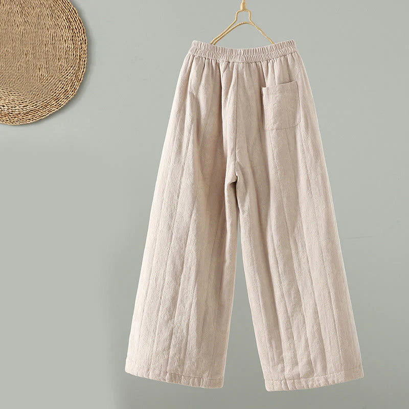 Buddha Stones Jacquard Cotton-padded Women's Wide Leg Thermal Ankle-Length Pants With Pockets