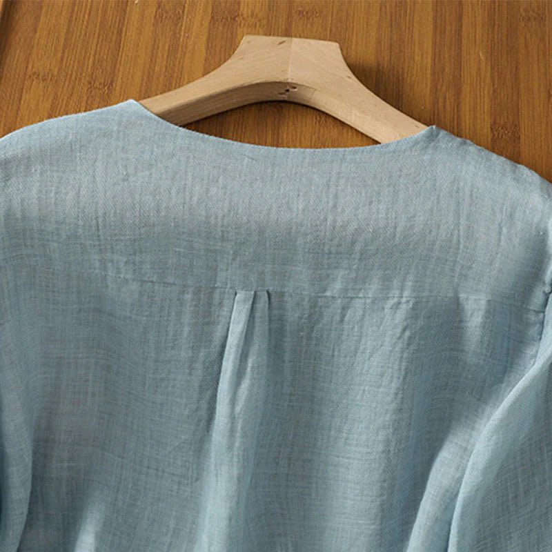 Buddha Stones Casual Embroidery Single Breasted Button Polyester Half Sleeve Women's V-neck Shirt