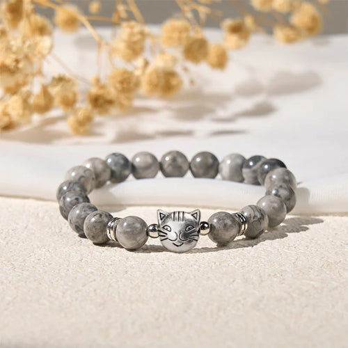Buddha Stones Cute Cat Natural Grey Jasper Bead Healing Bracelet