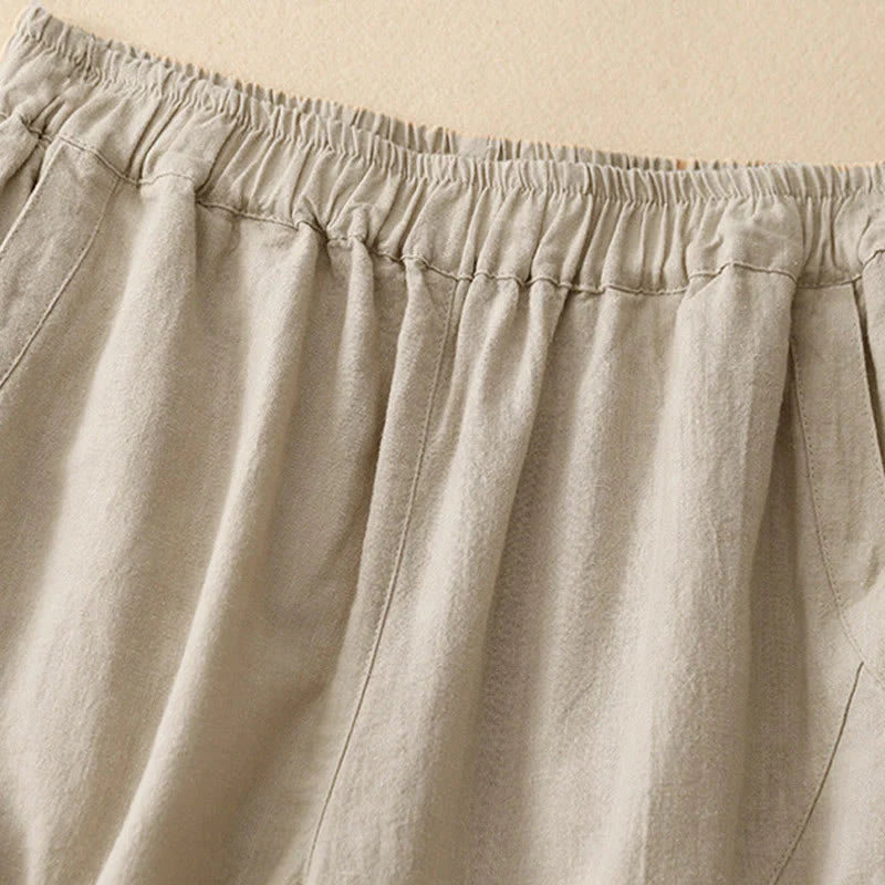 Buddha Stones Commute Casual Pure Color Women's Wide Leg Cotton Cropped Pants With Pockets