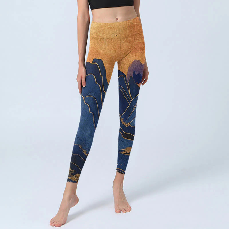 Buddha Stones Dark Blue Mountain Sunset Print Fitness Leggings Women's Yoga Pants