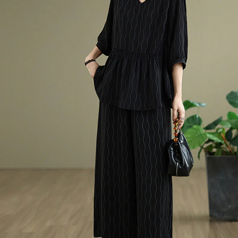 Buddha Stones 2pcs Striped Pattern Short Sleeve Shirt Polyester 7 Length Harem Pants Set With Pocket