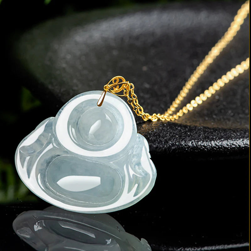 Buddha Stones Laughing Buddha Natural Jade Abundance Titanium Steel Chain Necklace Pendant