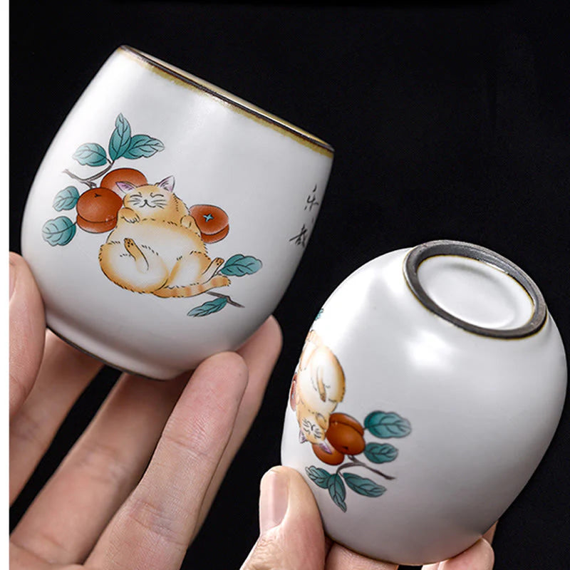Buddha Stones Cute Lying Cat Branches Teacup Kung Fu Tea Cup