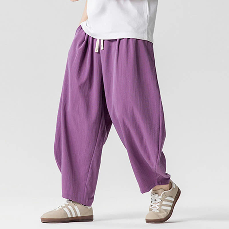 Buddha Stones Summer Pure Color Drawstring Men's Cotton Ankle-Length Pants With Pockets