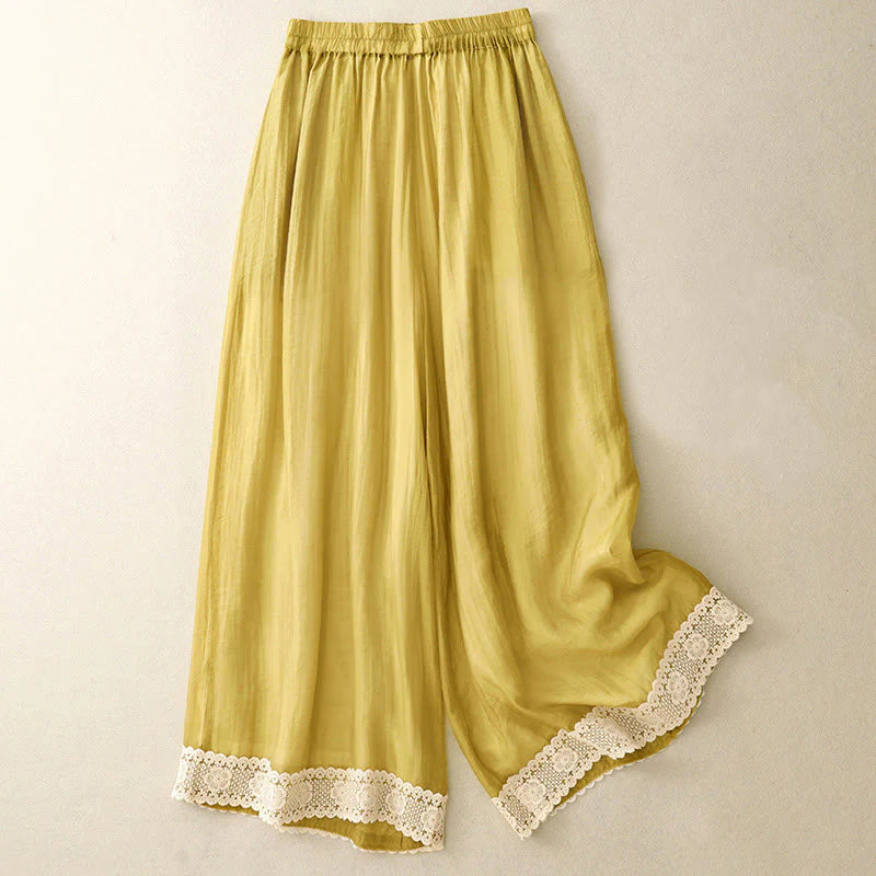 Buddha Stones Spring Vintage Casual Solid Color Lace Patchwork Cuff Women's Cotton Linen Wide Leg Pants With Pockets