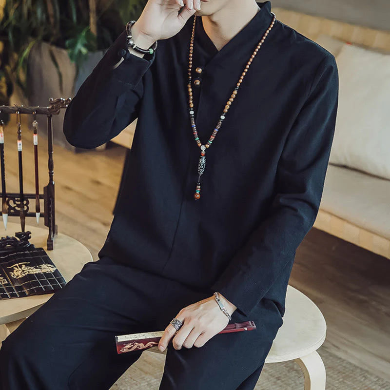 Buddha Stones 2Pcs Shirt Ankle-Length Pants With Pockets Men's Meditation Cloth Set