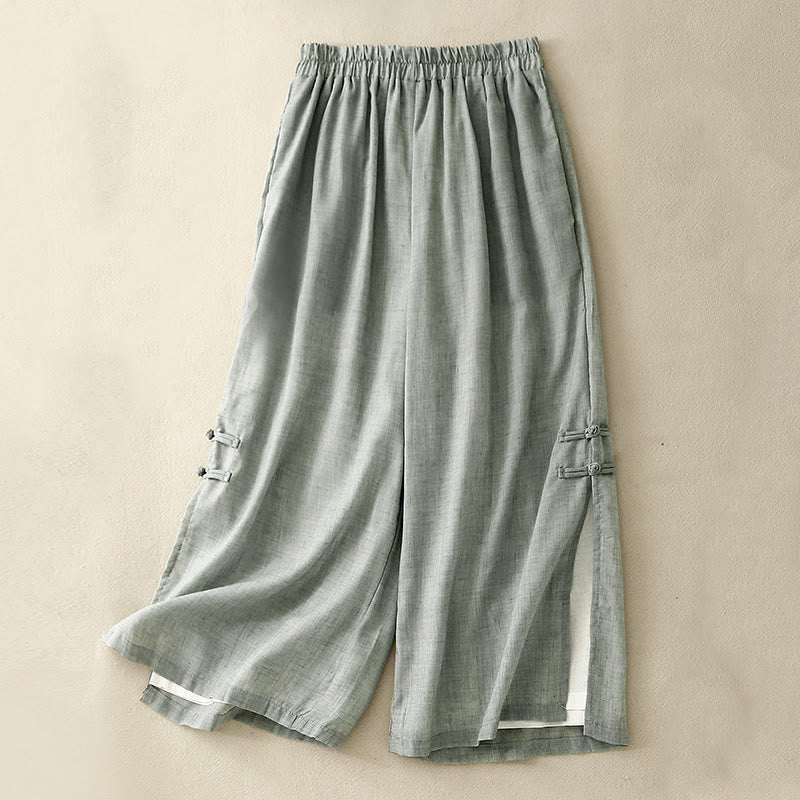 Buddha Stones Frog-Button Hem Slit Design Women's Wide Leg Cotton Linen Pants With Pockets