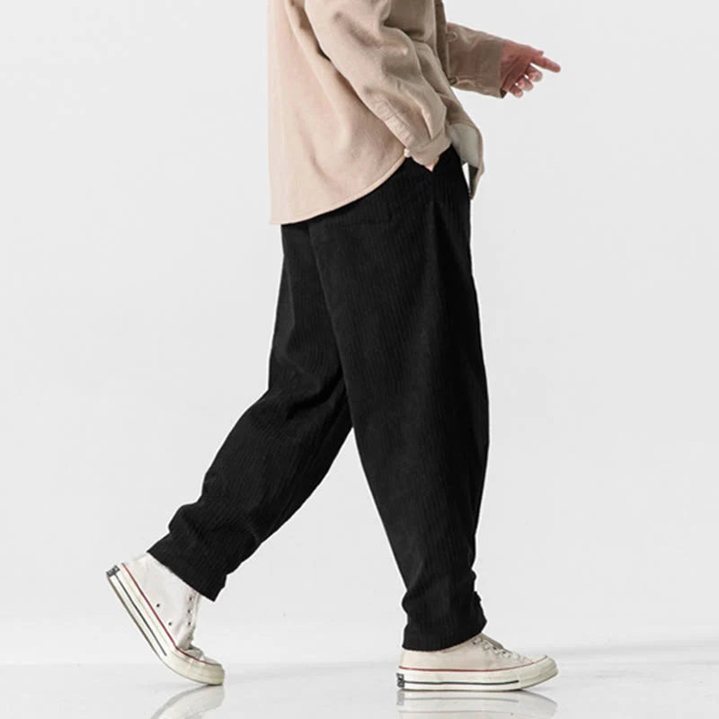 Buddha Stones Fall Winter Men's Pure Color Button Design Cotton Straight Leg Pants With Pockets