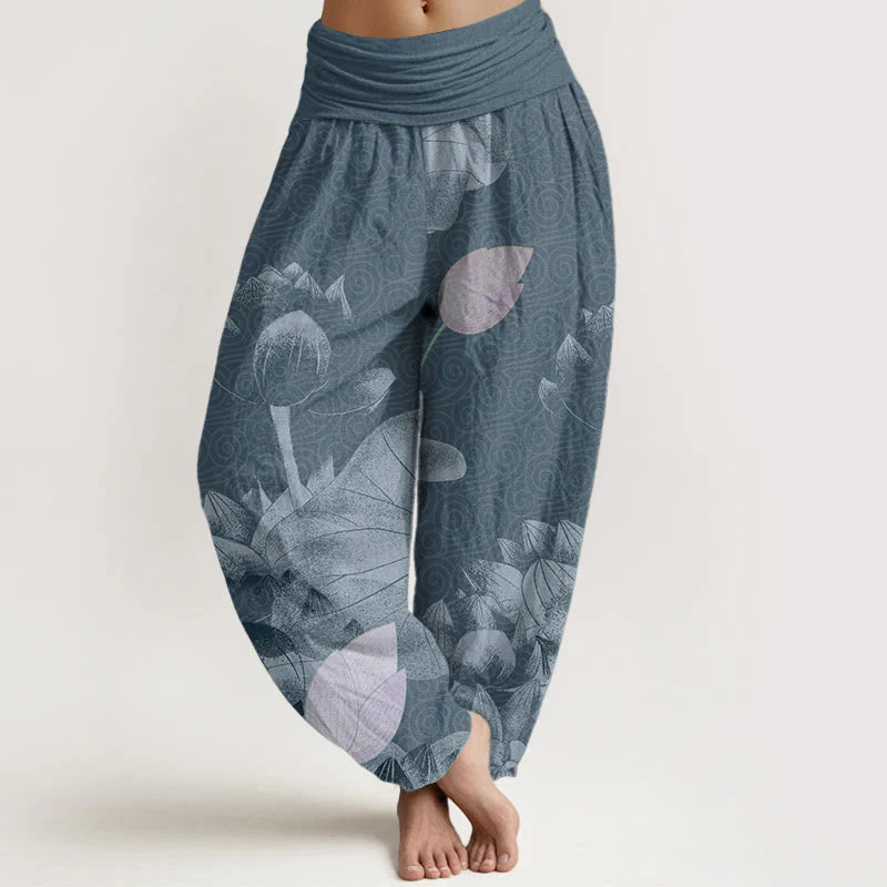 Buddha Stones Cotton Pink And White Lotus Women's Elastic Waist Harem Pants