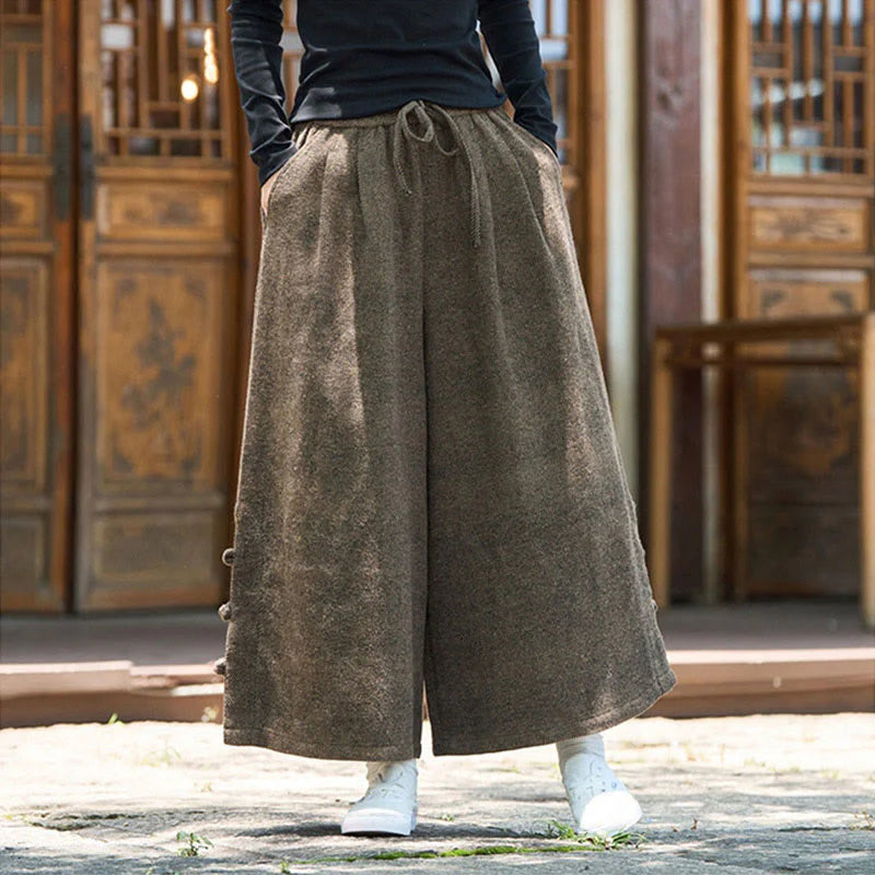 Buddha Stones Winter Chinese Frog-Button Design Corduroy Thermal Men's Wide Leg Pants With Pockets