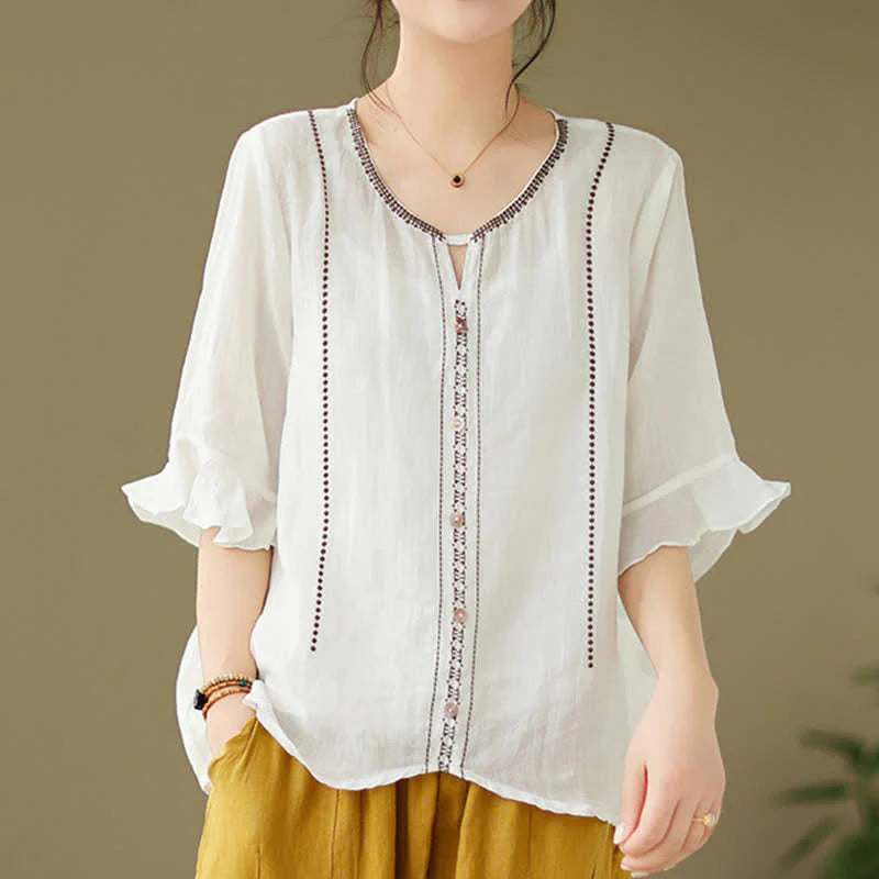 Buddha Stones Embroidery Buttons Crew Neck Flared Short Sleeve Women's Shirt