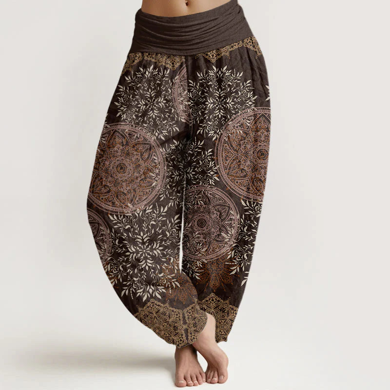 Buddha Stones Cotton Mandala Pattern Leaves Women's Elastic Waist Harem Pants