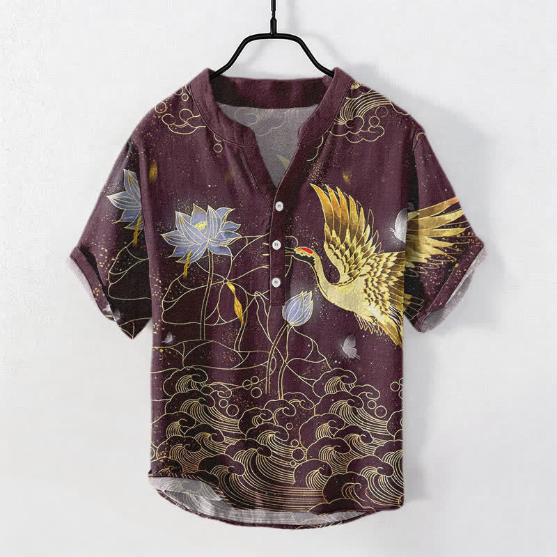 Buddha Stones Cotton Crane Wave Lotus Cloud Pattern Men's Short Sleeve Half Button Shirt