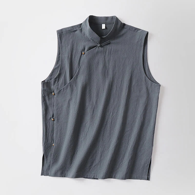 Buddha Stones Summer Solid Color Stand Collar Frog-Button Men's Cotton Linen Sleeveless Vest