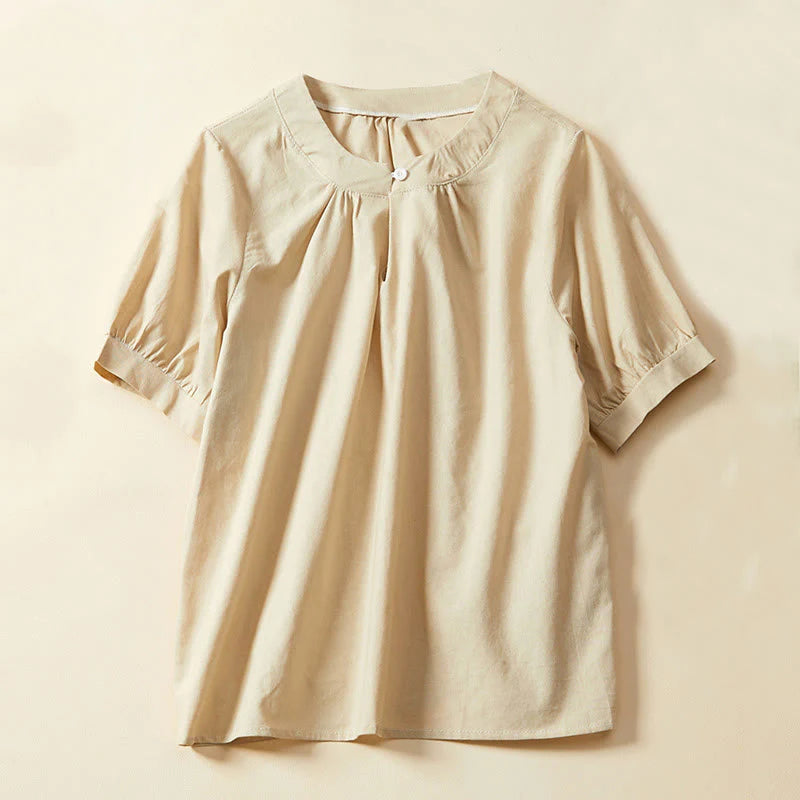 Buddha Stones Casual Plain Button Women's Short Sleeve Cotton Linen T-shirt