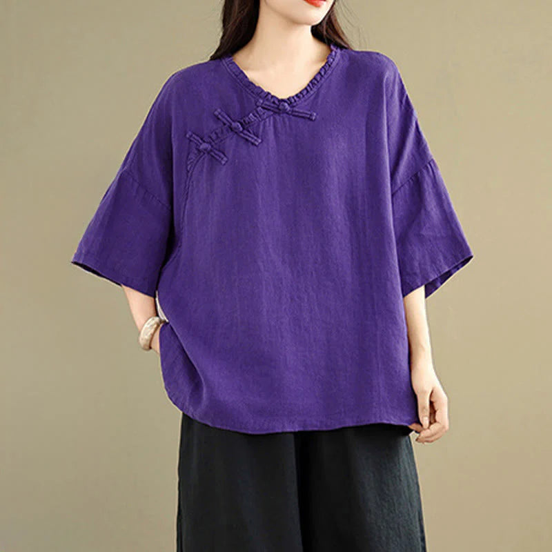Buddha Stones Spring V-Neck Frog-Button Long Sleeve Plain Women's Cotton Shirt