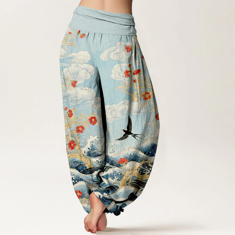 Buddha Stones Pure Cotton Auspicious Clouds Red Blossoms Swallow Ocean Waves Women's Elastic Waist Harem Pants