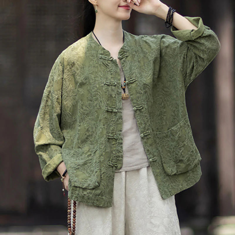 Buddha Stones Fall Jacquard Women's Frog-Button Long Sleeve Shirt Pants Cotton Linen Clothing