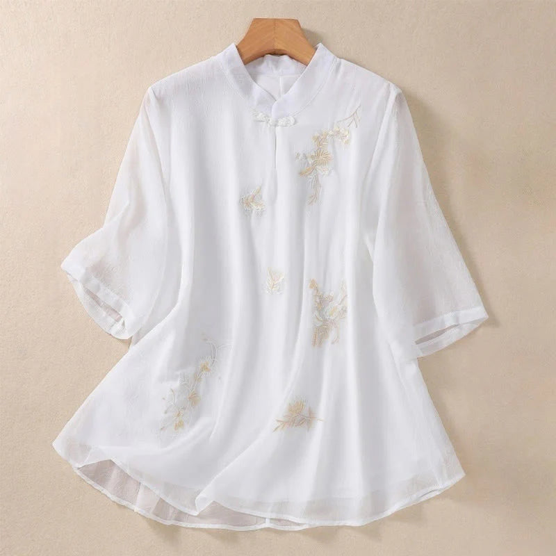 Buddha Stones Embroidery Plants Flower Half Sleeve Plain Frog-Button Stand Collar Women's Shirt