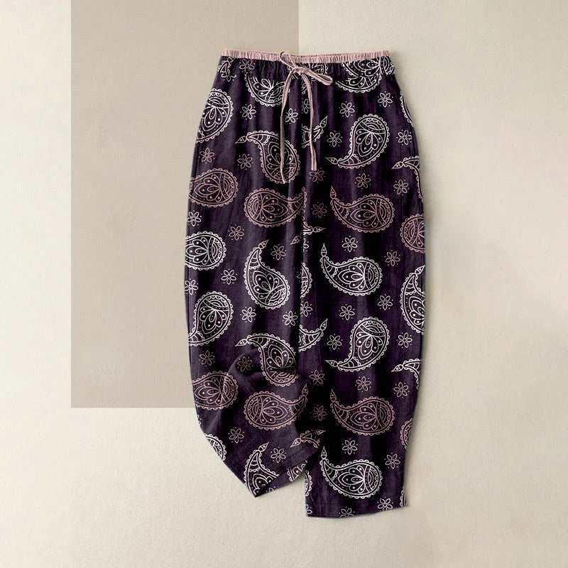 Buddha Stones Pure Cotton Elegant Paisley Pattern Women's Elastic Waist Pants With Pockets