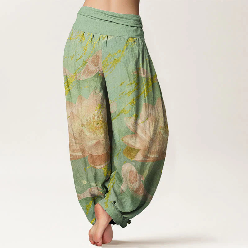 Buddha Stones Cotton Casual Lotus Flower Koi Fish Pattern Women's Harem Pants