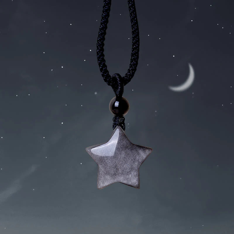 Buddha Stones Natural Silver Sheen Obsidian Star Crescent Moon Protection Necklace Pendant