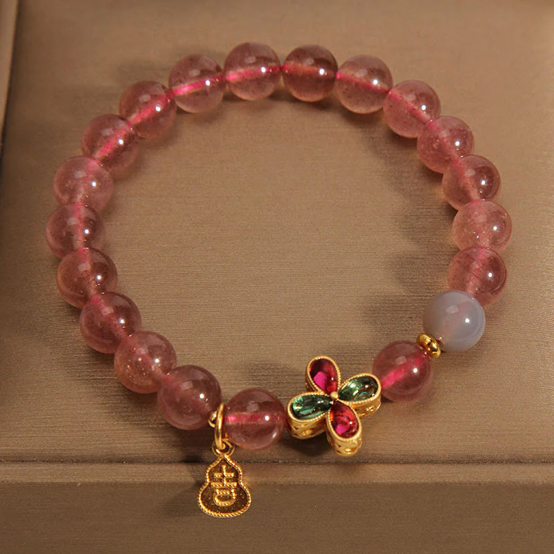 Buddha Stones Strawberry Quartz Four-leaf Clover Lucky Gourd Healing Bracelet
