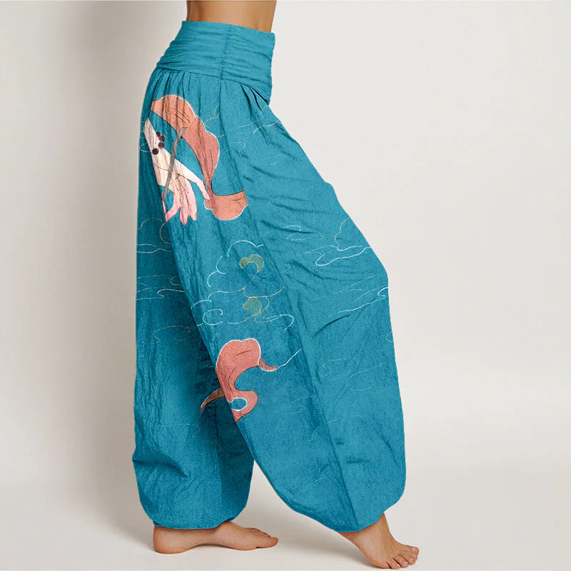 Buddha Stones Pure Cotton Lotus Flower Flowing Ribbons Hand Wearing Prayer Beads Clouds Pattern Women's Elastic Waist Harem Pants